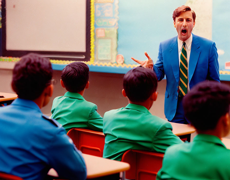 Teacher gesturing to students in colorful classroom with green uniforms.