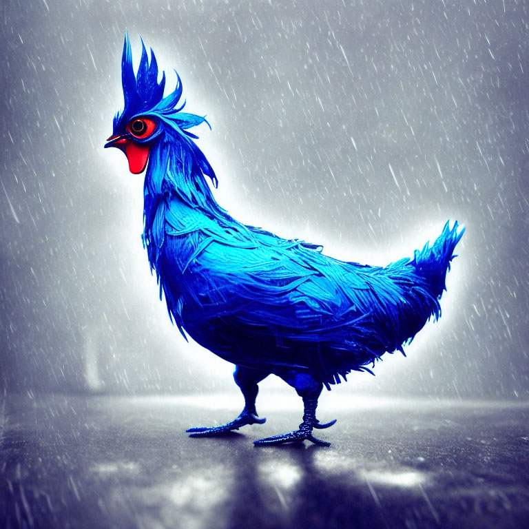 Colorful Rooster with Red Crest in Rainy Scene