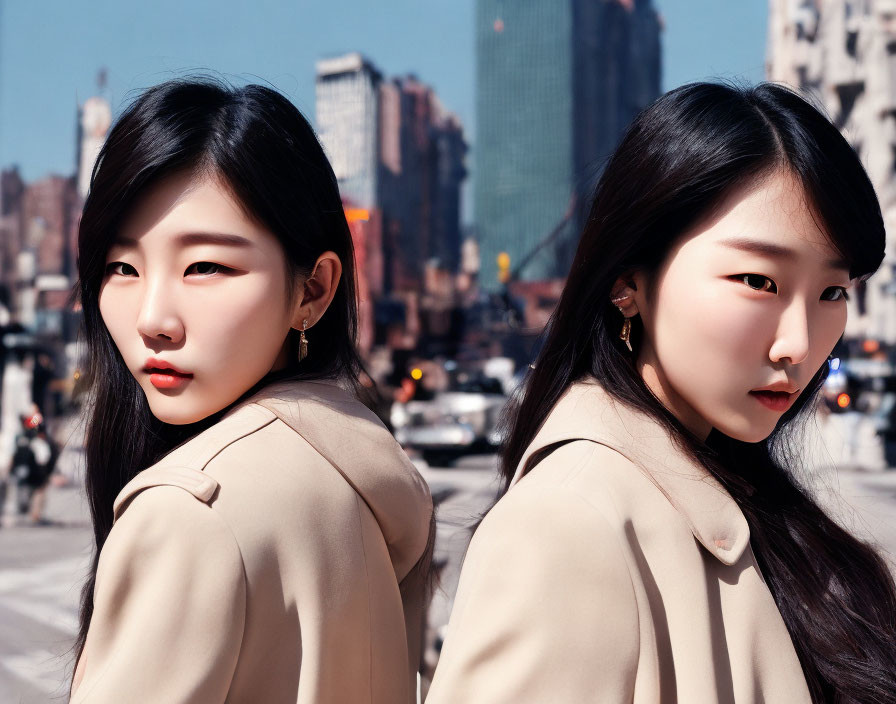 Identical women in beige coats stand back-to-back in urban setting