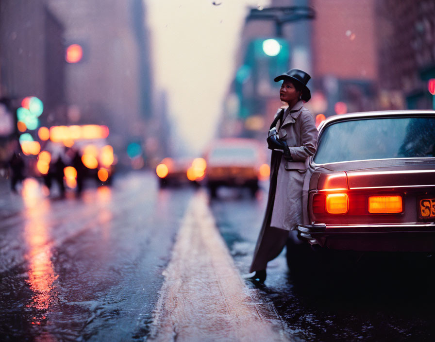 Person in trench coat and hat by car on rainy city street with blurred lights