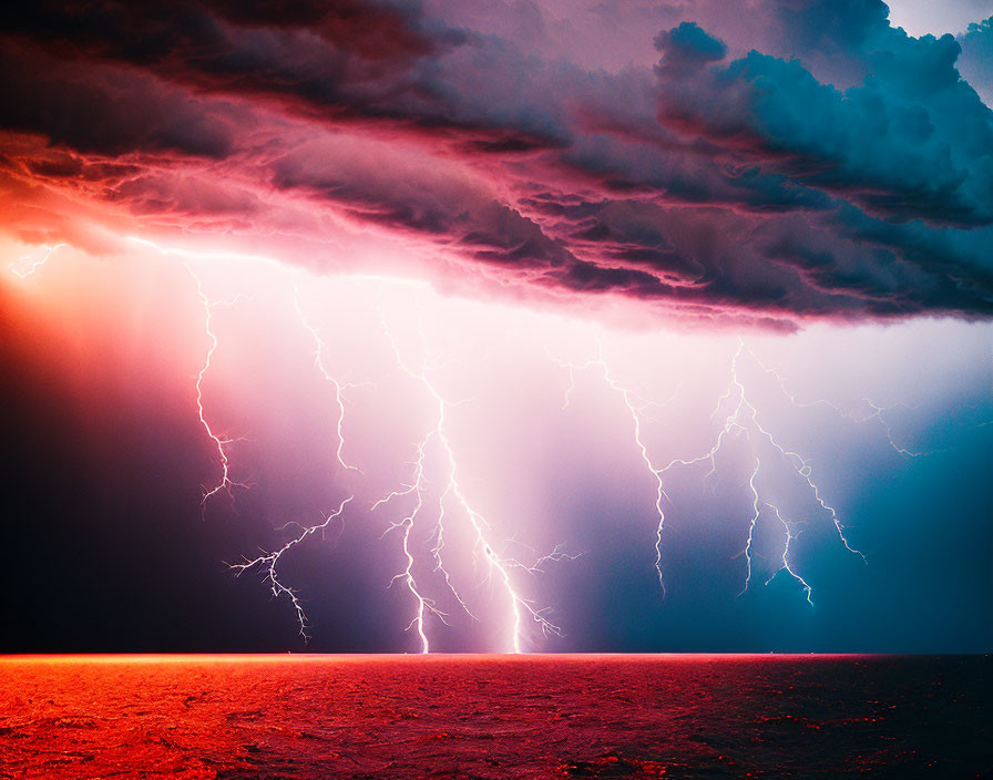 Dramatic storm cloud with intense lightning strikes over red landscape