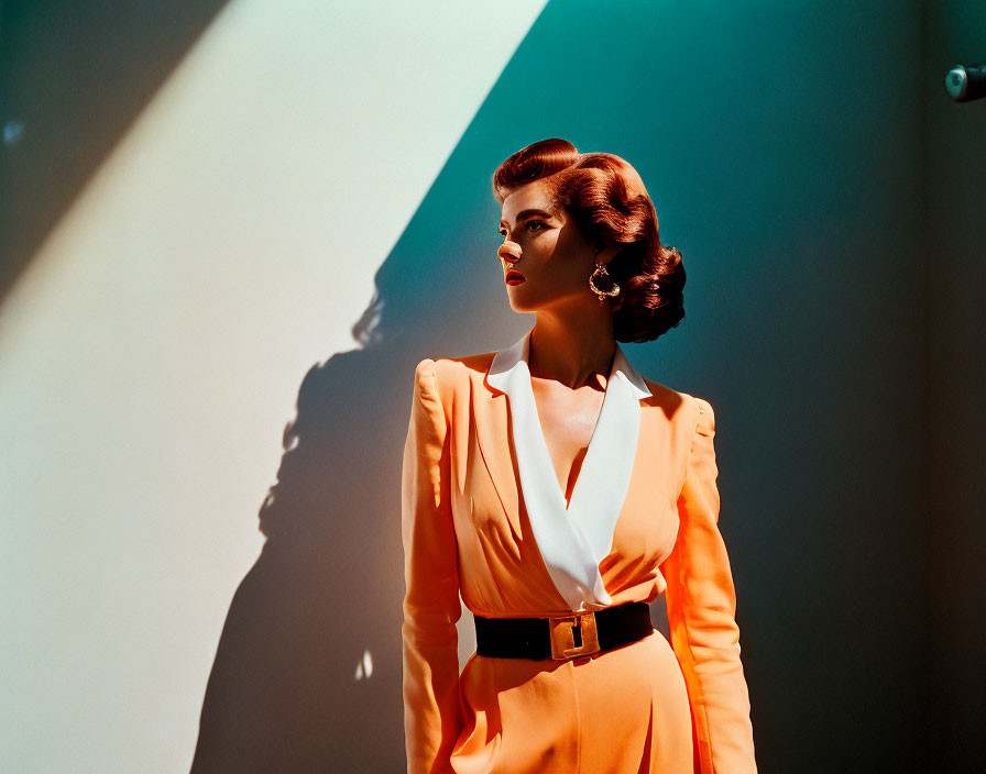 Stylish woman in orange outfit with white belt in room with sharp light beam