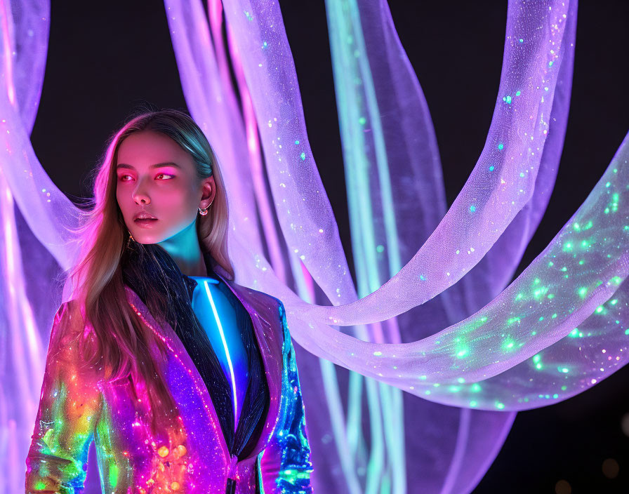 Woman in glowing fabric and neon lights in futuristic sci-fi setting