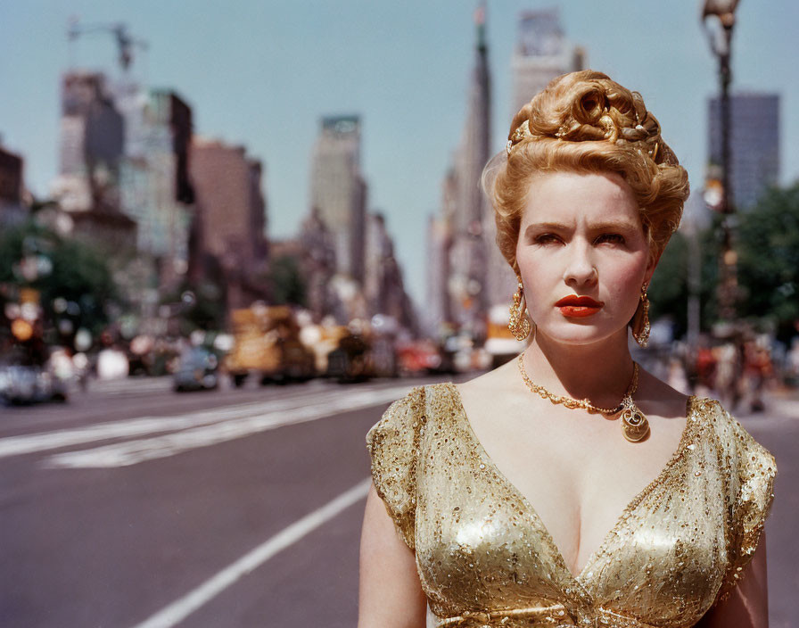 Stylish woman in gold dress against city backdrop