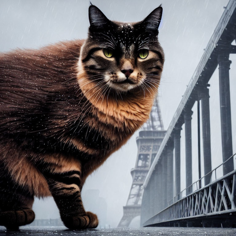 Striking green-eyed cat in snowfall by bridge