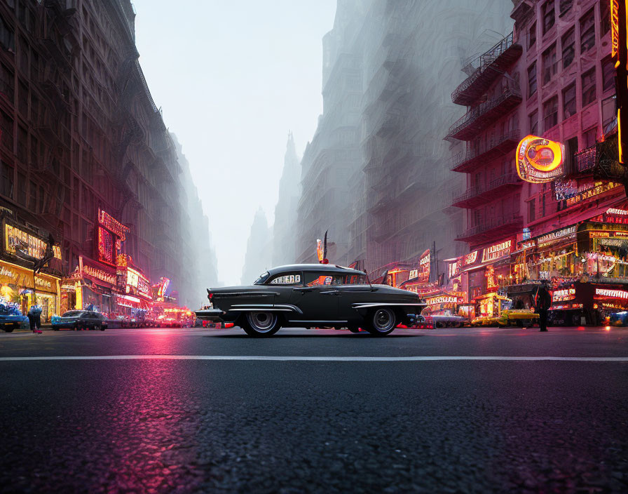 Classic Car in Urban Setting with Neon Signs at Twilight