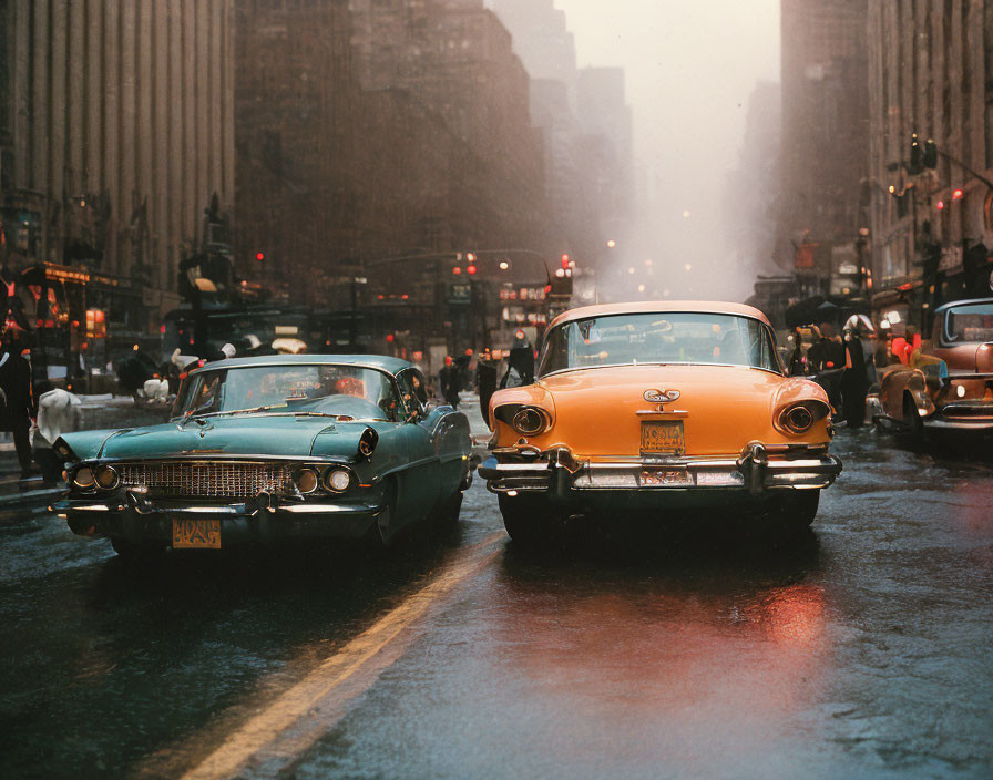 Classic cars on rainy city street with glowing headlights, hazy backdrop - nostalgic urban scene