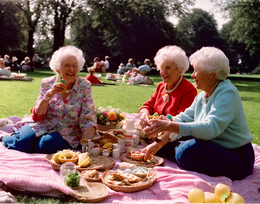 Elderly ladies picnic in the park on a sunny day