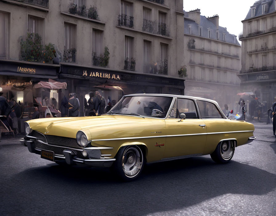 Vintage Yellow Car on Cobblestone Street in Old European City