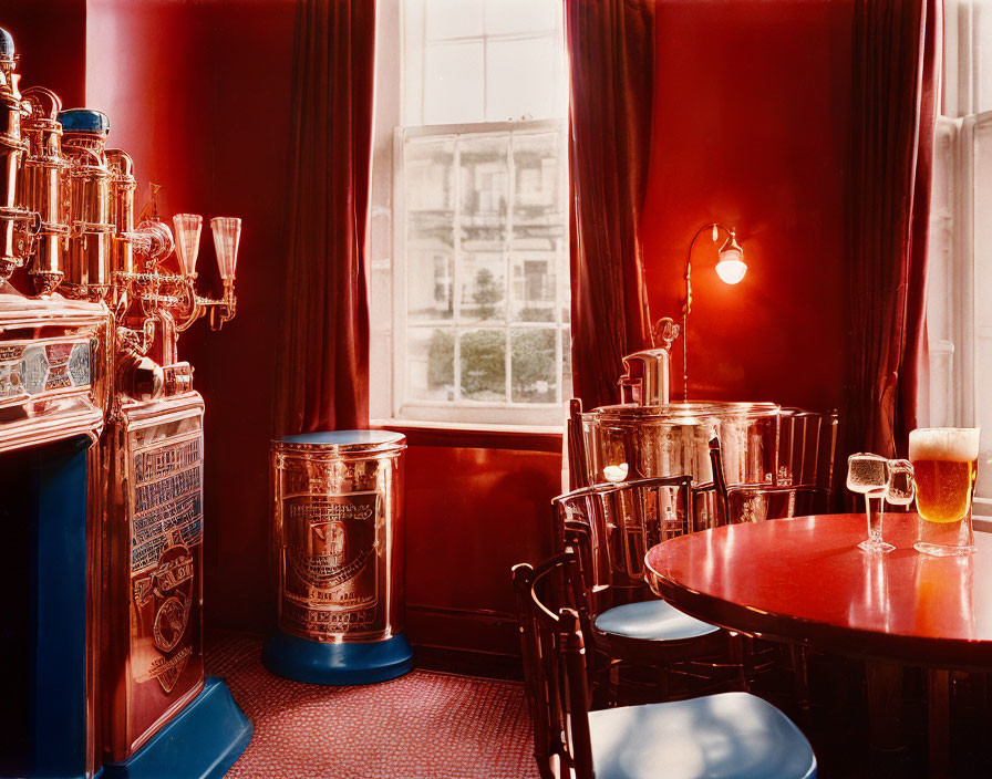 Vintage Pub Corner with Red Curtains, Wooden Tables, Blue Chairs, Brass Beer Taps, and