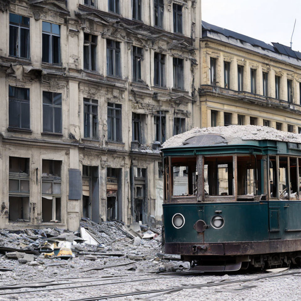 Abandoned tram on tracks among rubble and decay