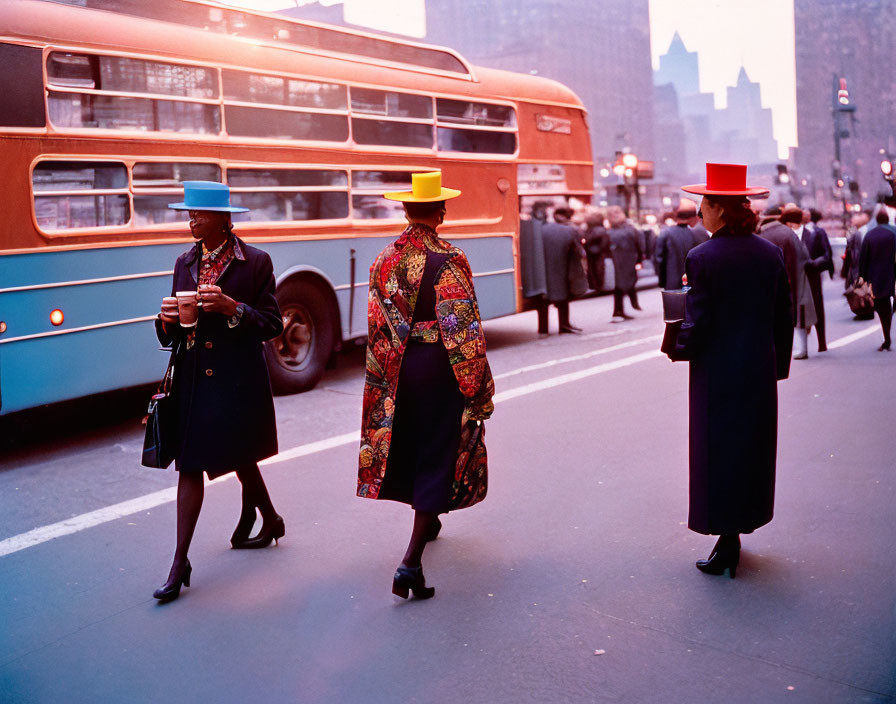 Fashionable women in colorful hats and coats on city street with red bus and skyscrapers.