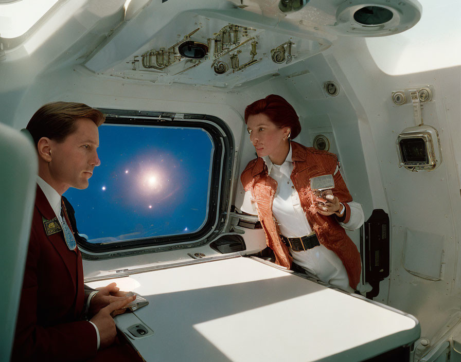 Two people in spacecraft cabin with space view from window, one seated at table and other standing with drink