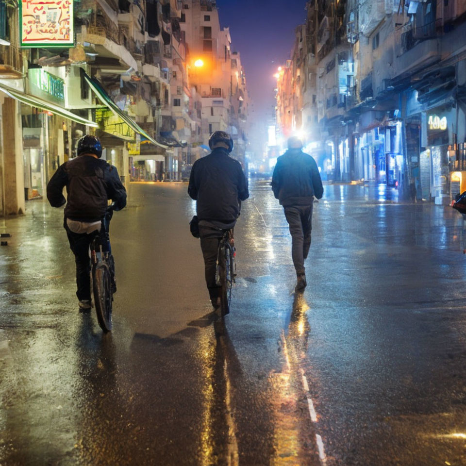 Night scene: Two cyclists and pedestrian on wet urban street