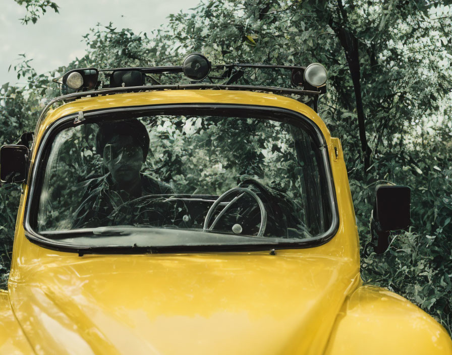 Camouflaged person in yellow vehicle with auxiliary lights, surrounded by greenery