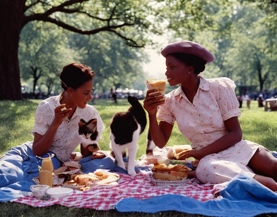 Vintage Attired Women Picnic with Cat in Sunny Park