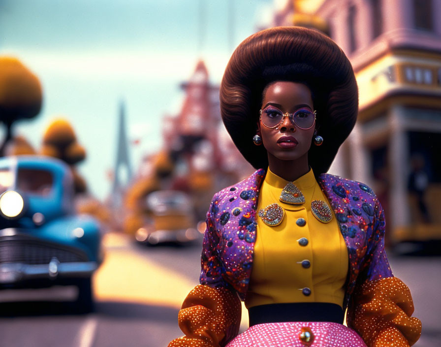 Fashionable woman with large afro and retro outfit on vibrant street