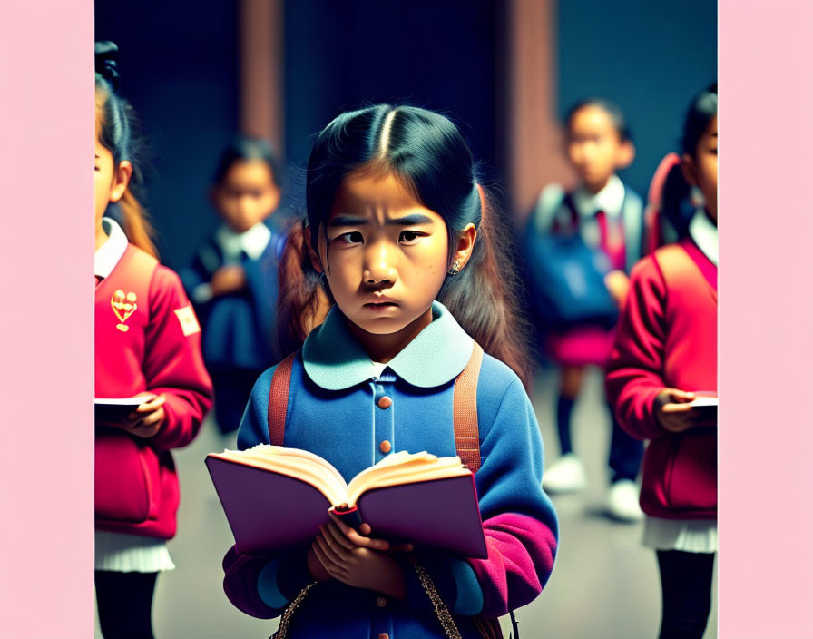 Young girl in blue and orange school uniform reading book among classmates.