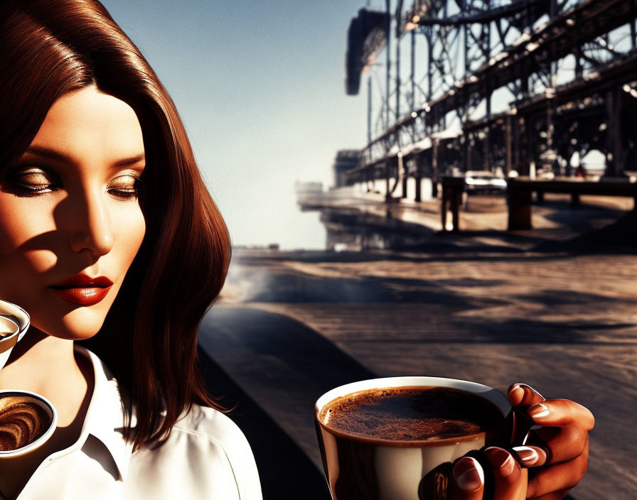 Stylized 3D Rendering of Woman with Auburn Hair and Coffee Cup