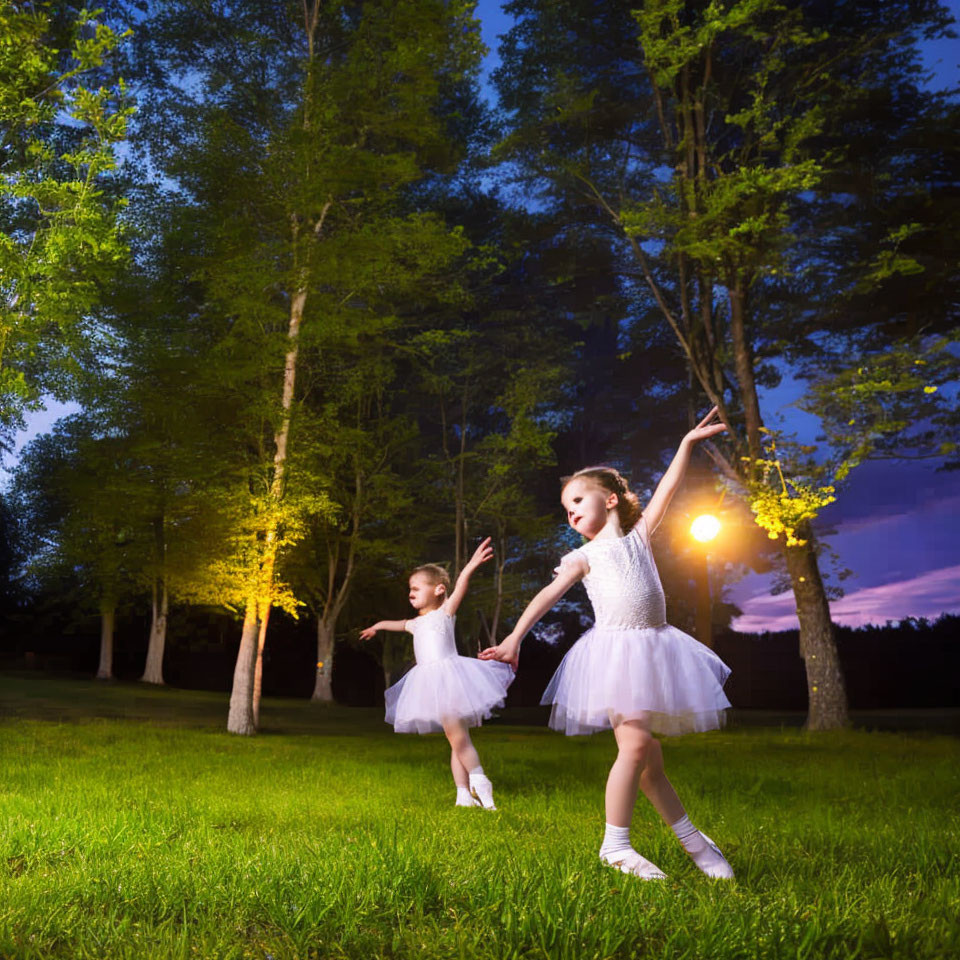 Young girls in white ballet dresses dancing on grass field at dusk with trees and lights.