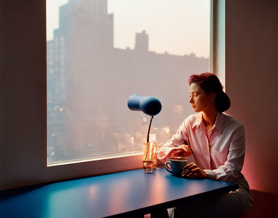 Pink-haired woman gazes at cityscape during sunset by window with lamp, water glass, and mug