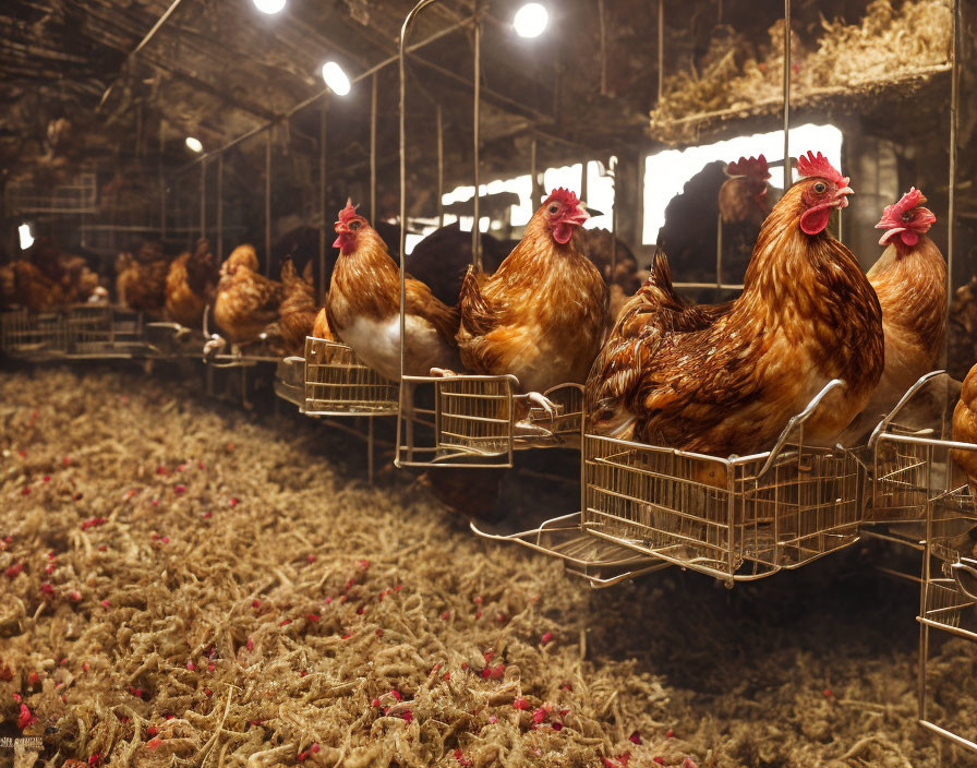 Chickens in barn with hanging cages and warm light