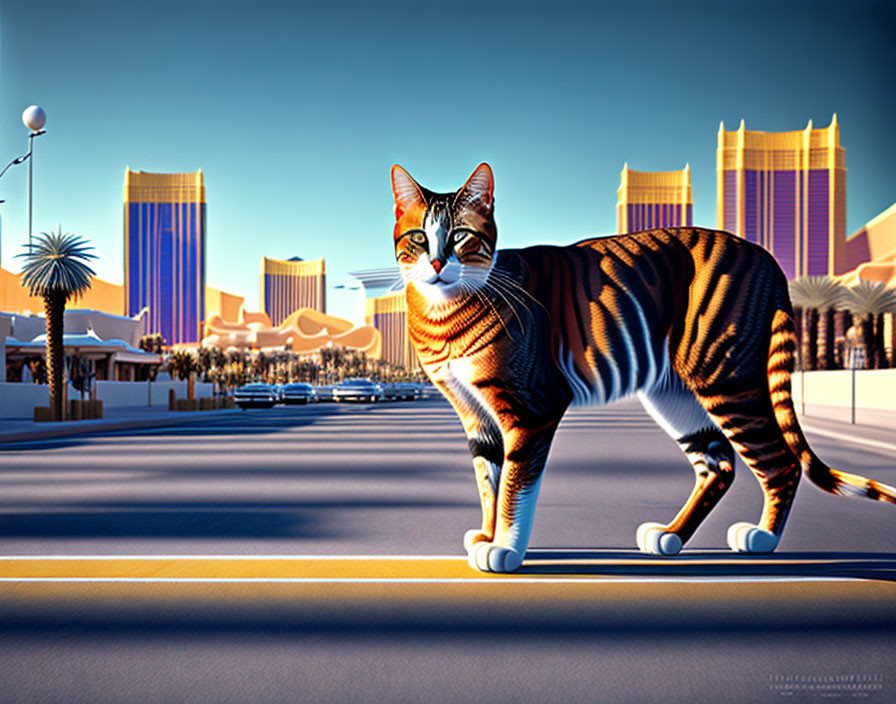 Realistic cat sculpture in city setting with skyscrapers and long shadows