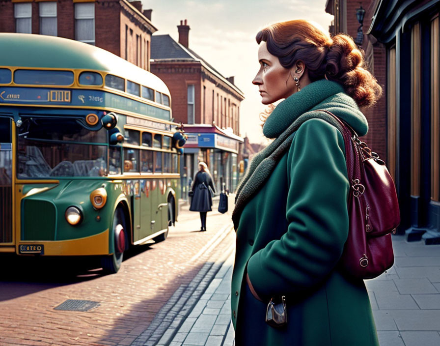 Vintage Woman in Green Coat and Red Handbag on Retro Street with Old-Fashioned Bus