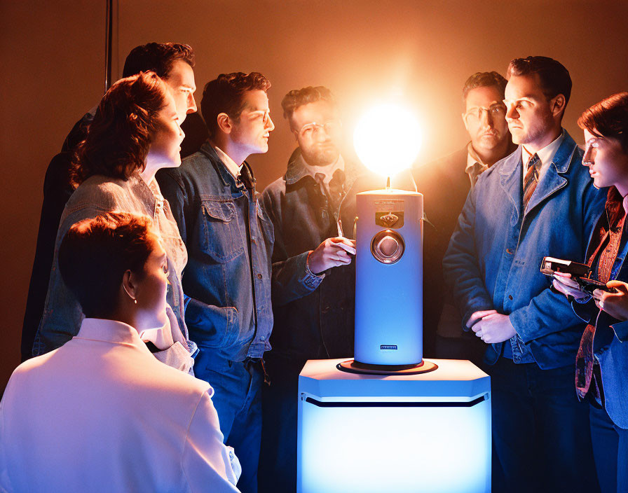 Group of people captivated by bright light in dim room