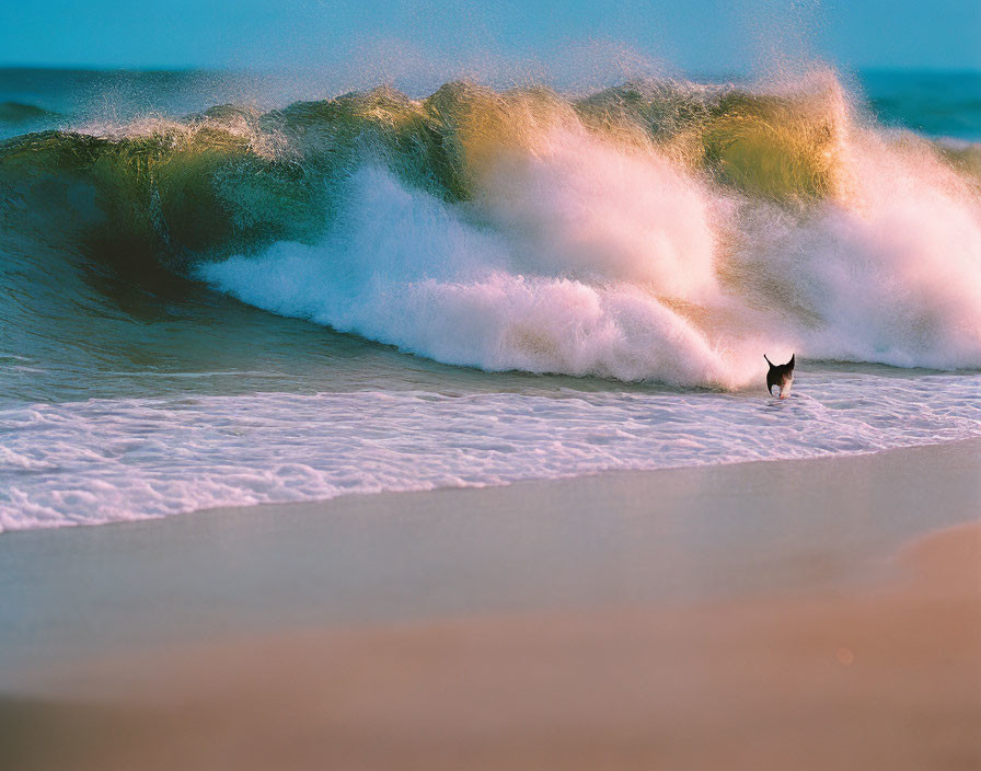 Bird standing on sandy beach with large crashing wave in sunlit background.