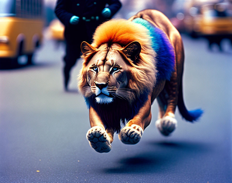 Colorful maned lion digitally altered leaping in city.