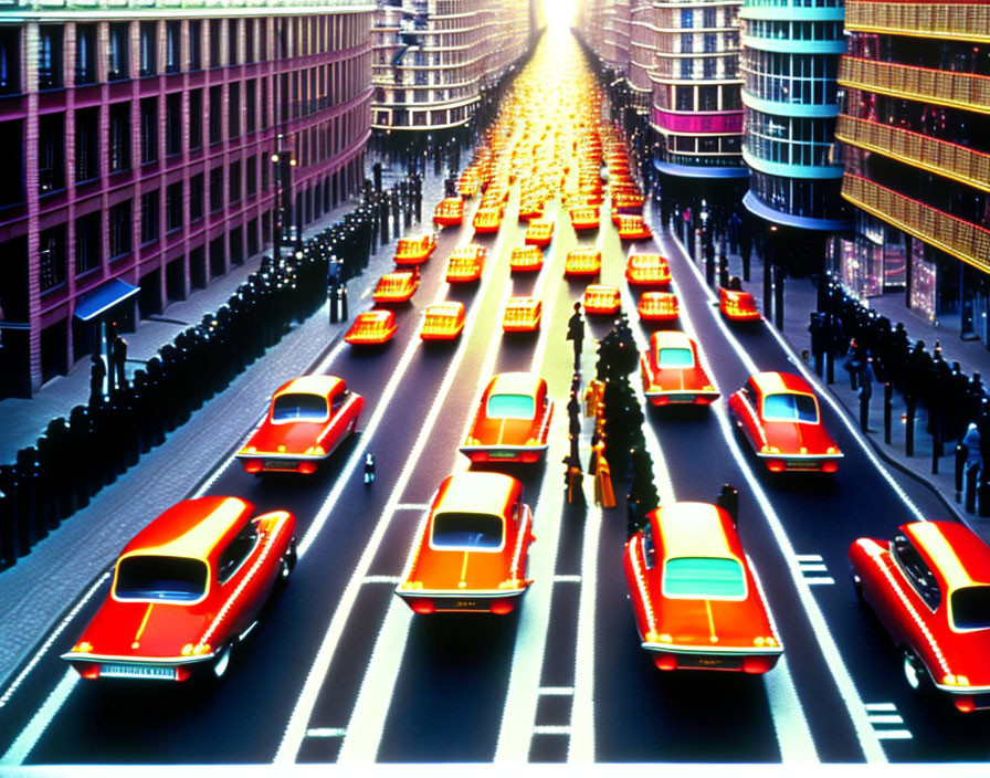 Neon-lit city street at dusk with red cars and pedestrians