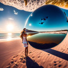 Woman on Beach Holding Mirror Reflecting Drone at Sunset