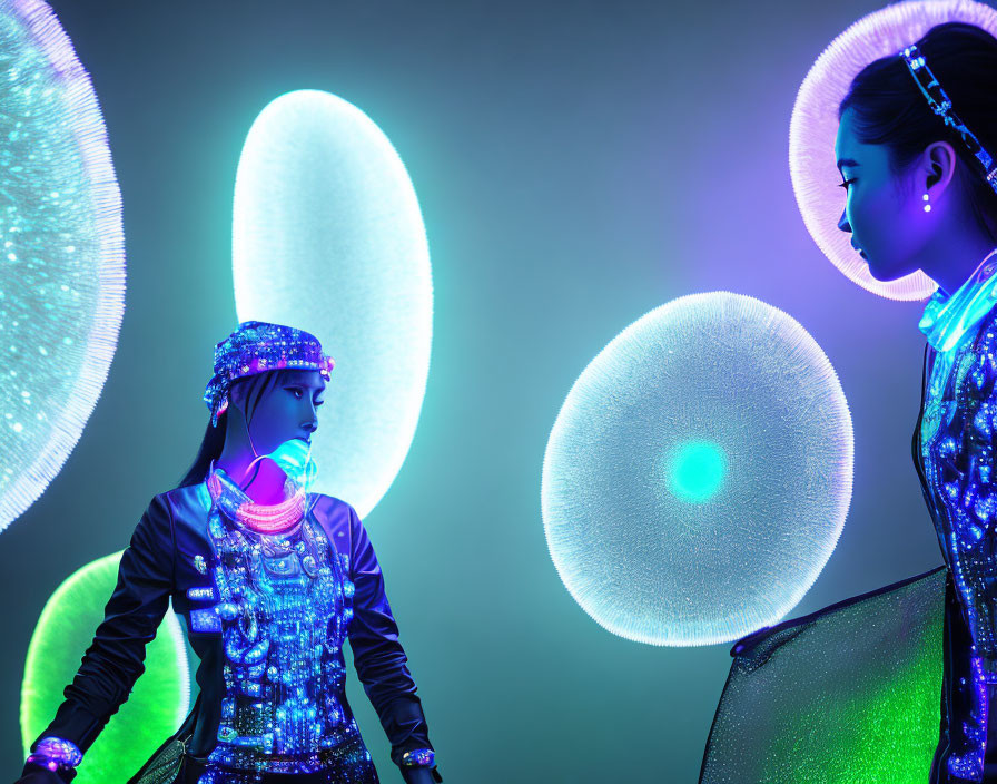 Futuristic LED-lit outfits with glowing circular lights