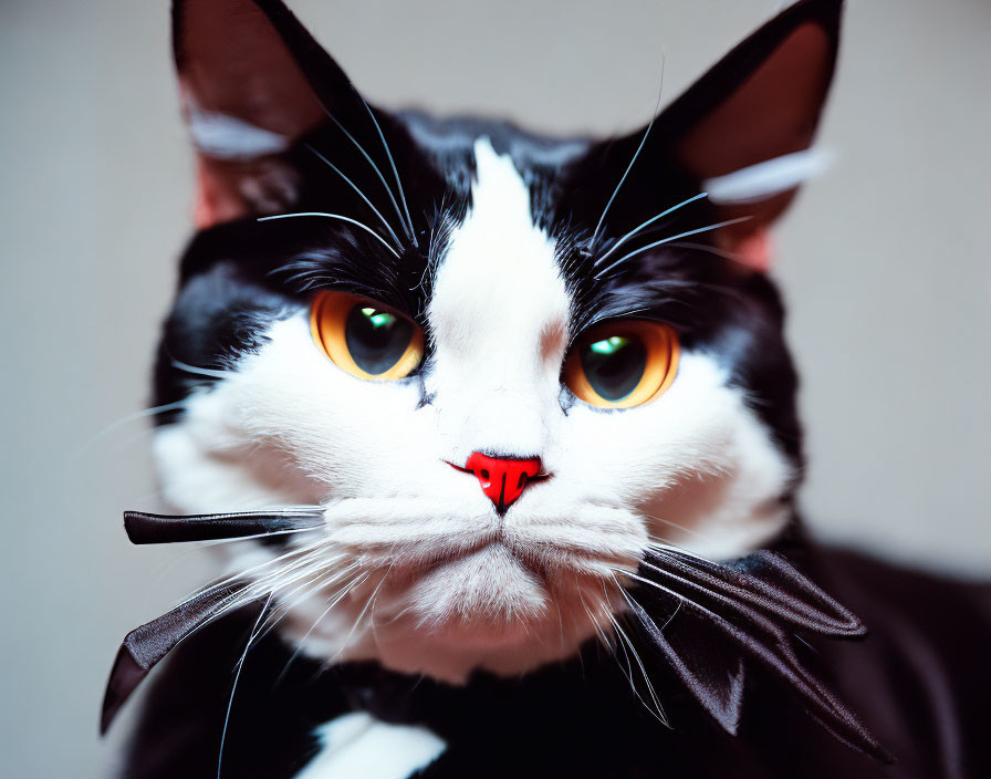 Black and White Cat with Amber Eyes and Bowtie in Whimsical Pose