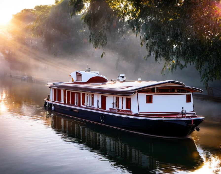 Luxurious Houseboat Moored on Tranquil River in Golden Sunlight