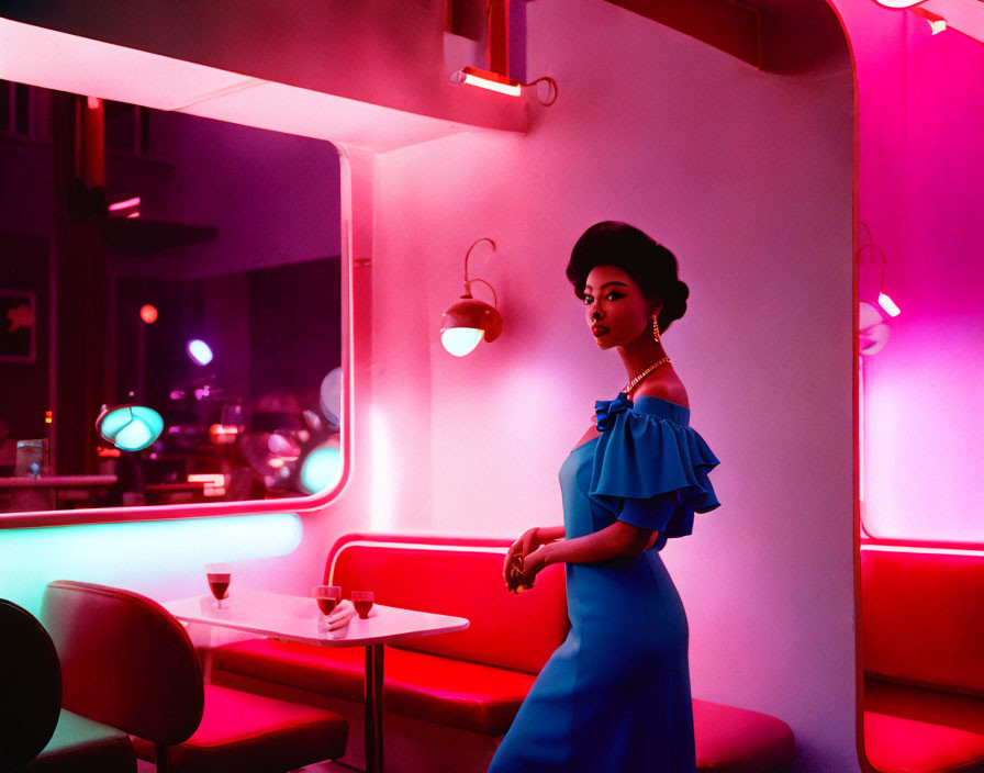 Woman in blue dress in diner with pink neon lights