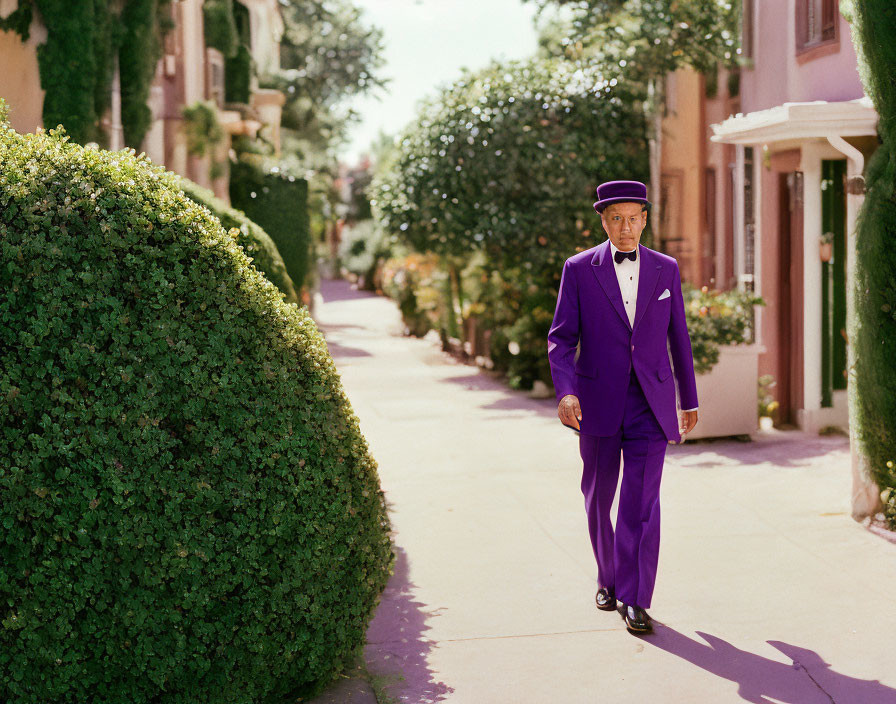 Confident Man in Purple Suit Walking Down Sunny Residential Street