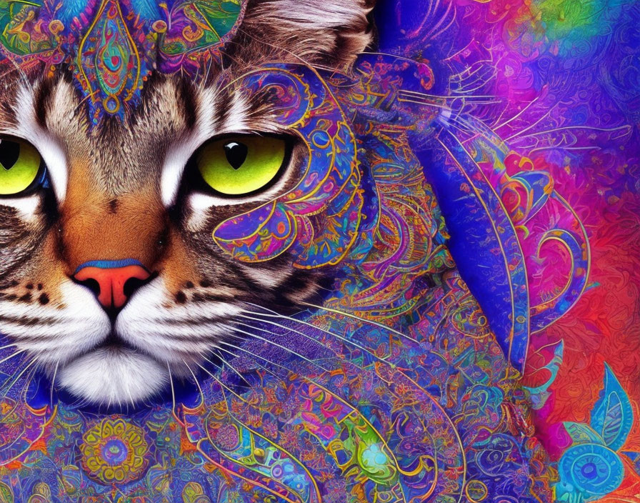 Colorful Cat Digital Artwork with Intricate Patterns and Green Eyes