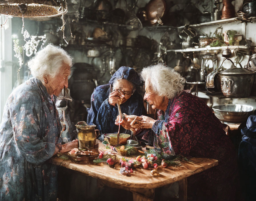 Elderly women enjoying a meal in rustic kitchen