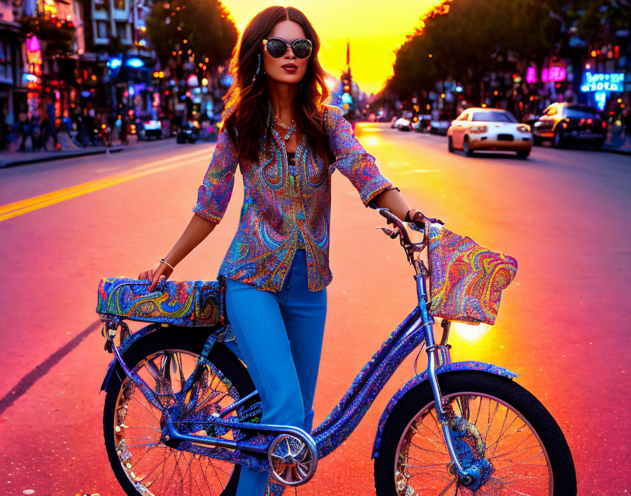 Fashionable woman with decorated bicycle on vibrant city street at sunset