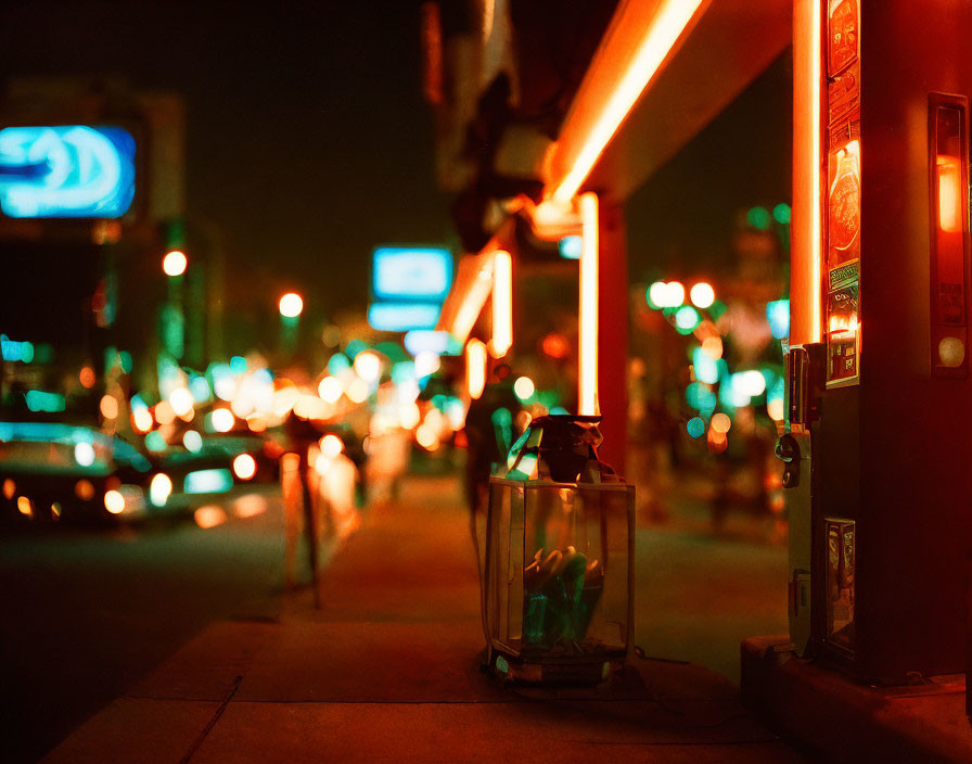 City street night scene with blurred lights, public phone booth, and illuminated trash can.