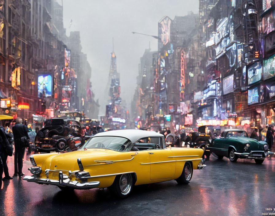 Vintage Yellow Car Parked on Neon-Lit Noir Street