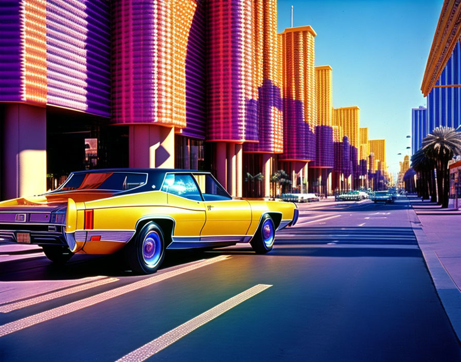 Vintage car on neon-lit street at dusk