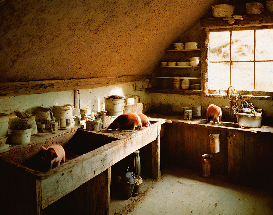 Three cats on rustic kitchen counter with pottery, sink, and window.