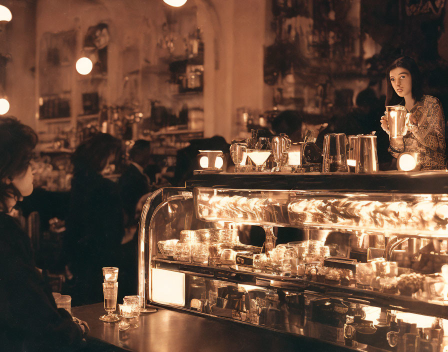 Sepia-Toned Image: Woman at Classic Bar with Vintage Decor