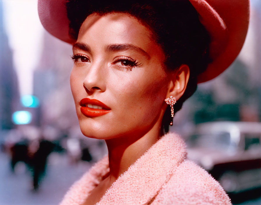 Stylish woman in pink coat and hat with red lipstick in urban setting