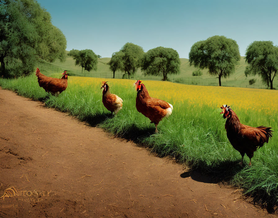 Four chickens in nature with trees and flowers under clear blue sky