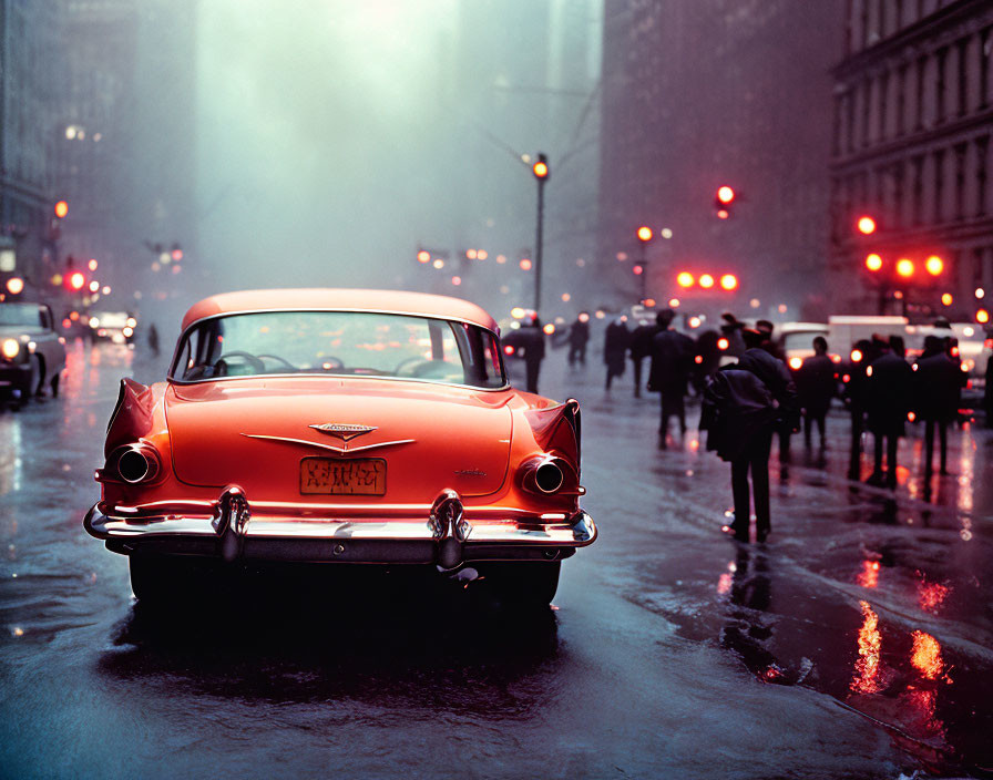 Classic Red Car in Rainy Dusk Street Scene