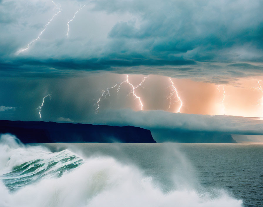 Stormy Coastal Scene: Lightning Strikes, Churning Waves, Dark Cliffs